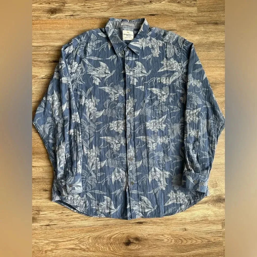 Tommy Bahama Island Crafted Men's XXL Floral Long Sleeve Shirt Blue